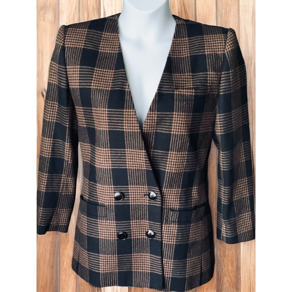 Sasson Paris New York Plaid Blazer Jacket 10 Houndstooth VNeck Double Breasted - Picture 2 of 7